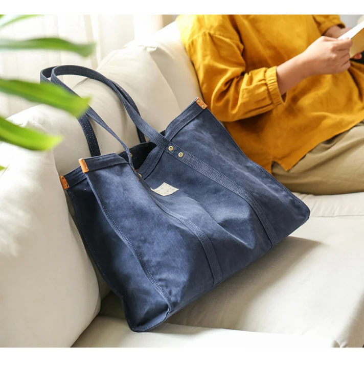 Two-Tone Rivet Multi-Pocket Large Open Canvas Tote Bag