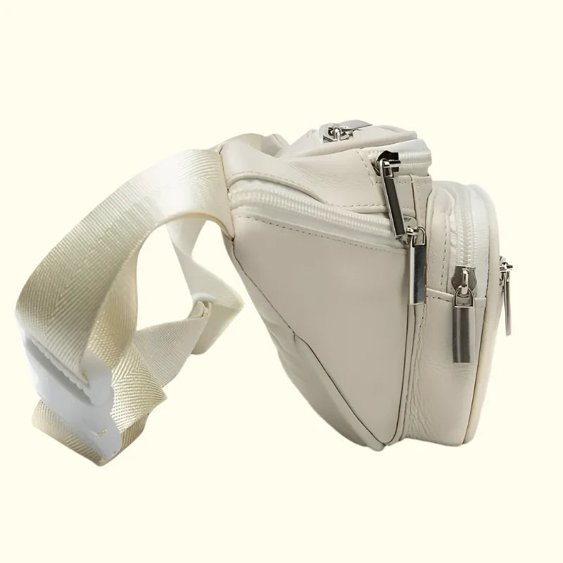 Cream White Multi-Zip Wide Strap Quick Release Minimal Waist Bag