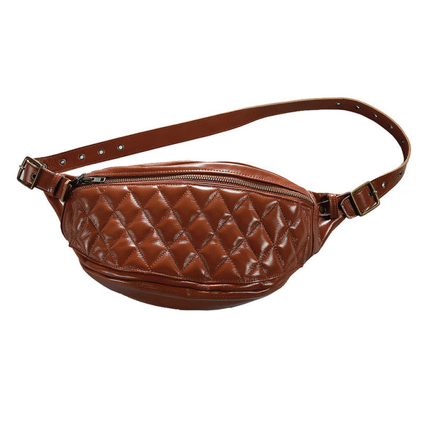Caramel Quilted Double-Zip Adjustable Strap Curved Saddle Waist Bag