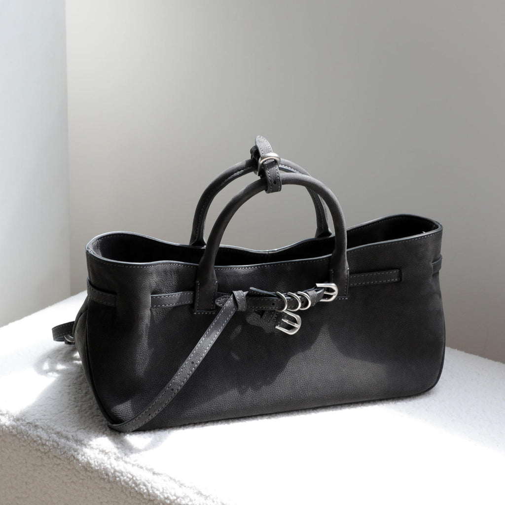 Matte Dark Buckle Strap Multi-Wear Open Tote Handbag