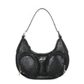 Black Wrinkled Multi-Pocket Adjustable Strap Crescent Shoulder Bag