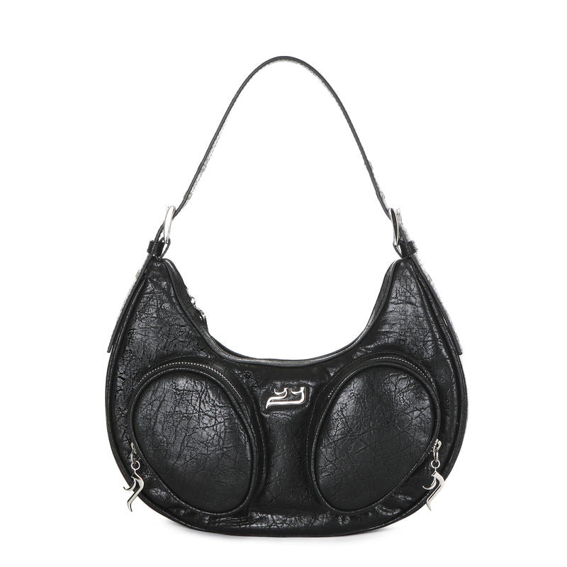 Black Wrinkled Multi-Pocket Adjustable Strap Crescent Shoulder Bag
