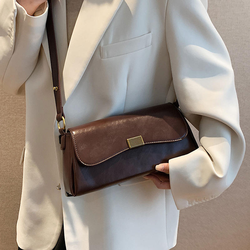 Chocolate Brown Striped Metal Lock Adjustable Strap Flap Crossbody Bag