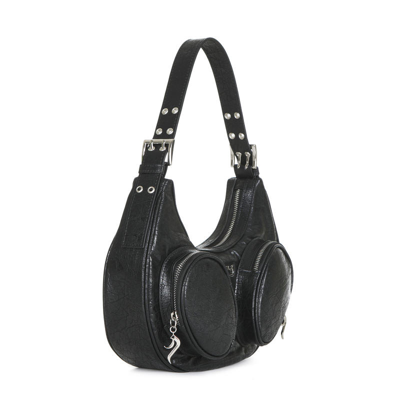 Black Wrinkled Multi-Pocket Adjustable Strap Crescent Shoulder Bag