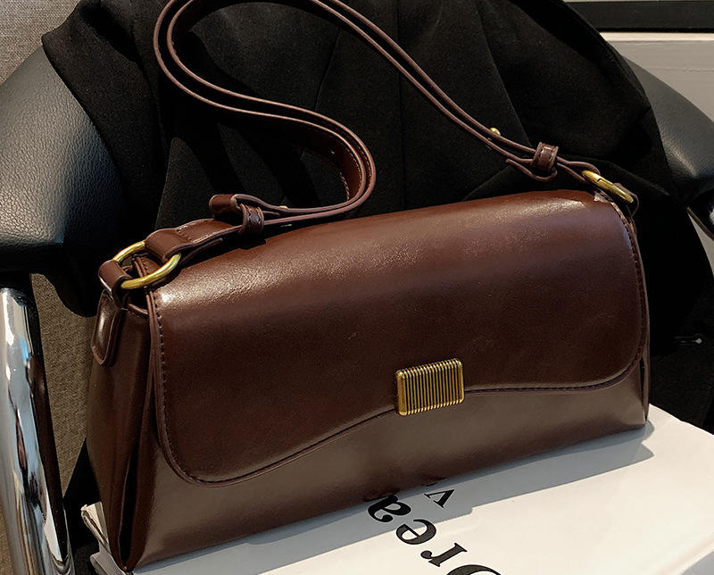 Chocolate Brown Striped Metal Lock Adjustable Strap Flap Crossbody Bag