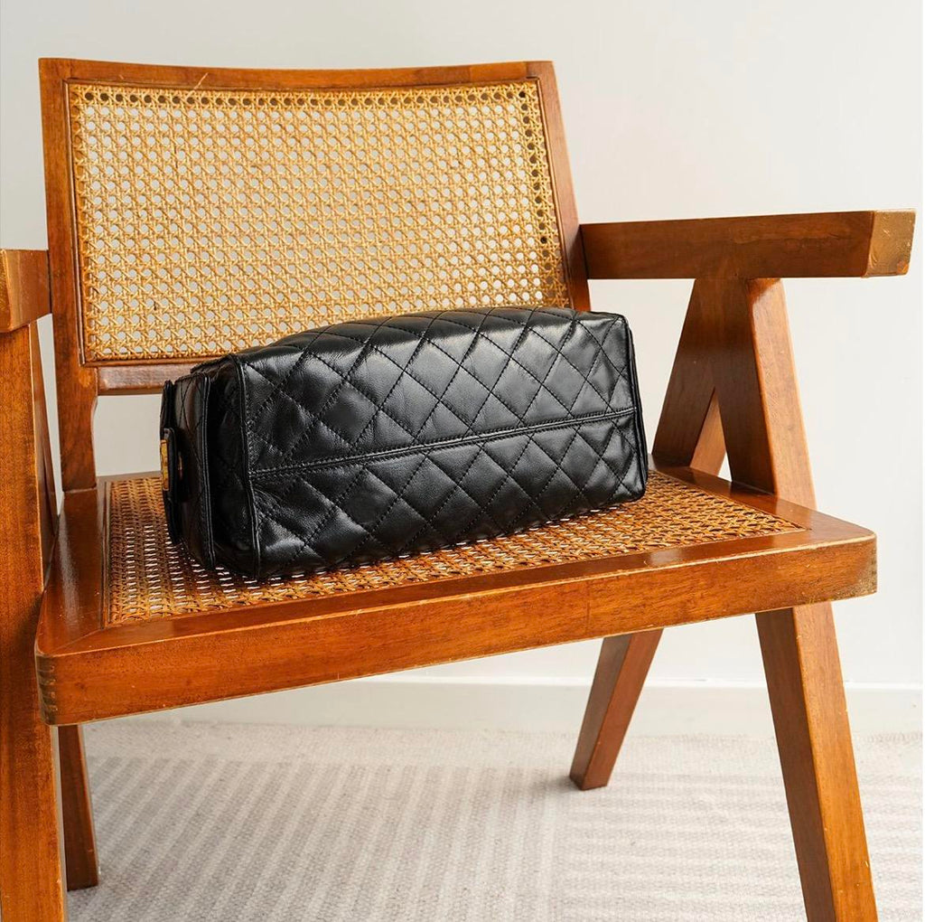 Black Quilted Drawstring Chain Hobo Handbag