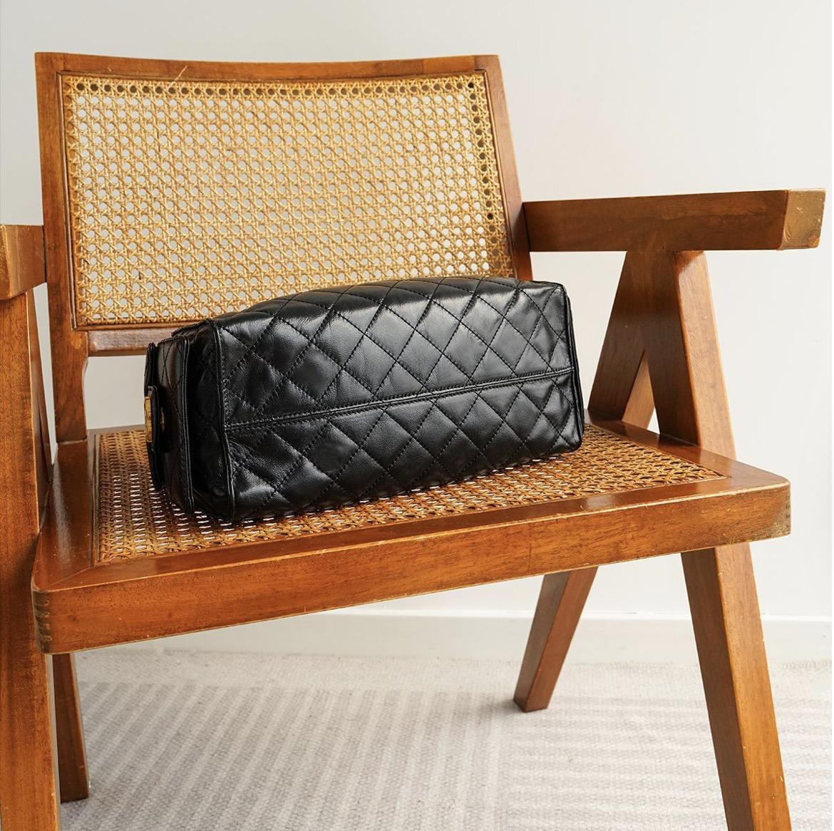 Black Quilted Drawstring Chain Hobo Handbag