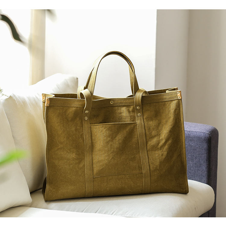 Two-Tone Rivet Multi-Pocket Large Open Canvas Tote Bag