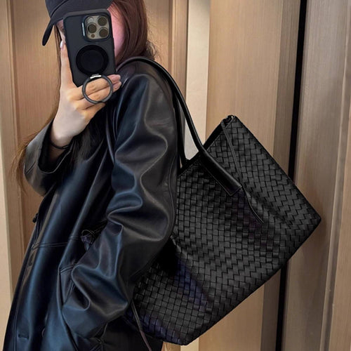 Black Woven Large Open Tote Shoulder Bag with Dual Carry Straps