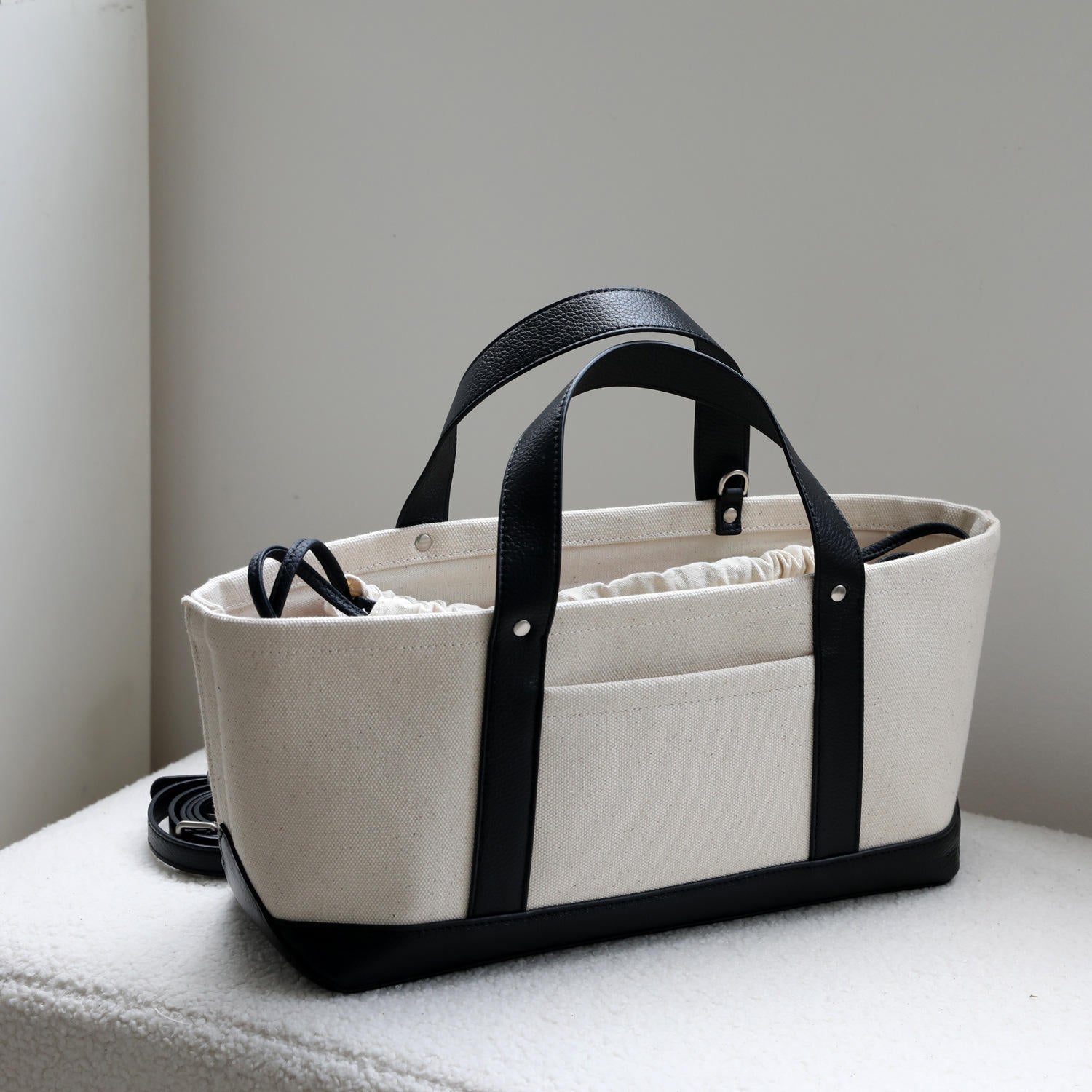 Two-Tone Rivet Drawstring Mini Canvas Crossbody Tote Bag