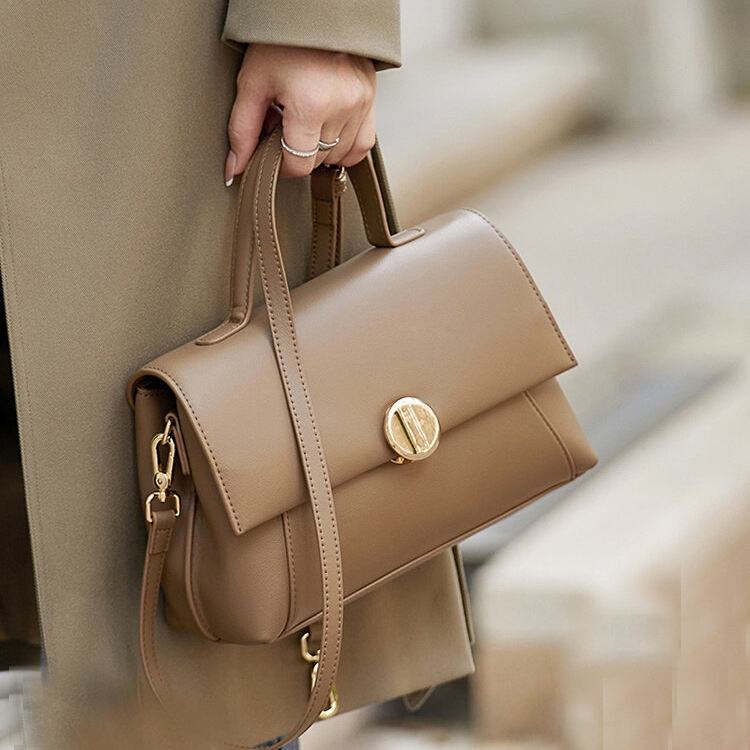 Earthy Neutral Dual-Style Plain Metal Lock Multi-Wear Crossbody Bag