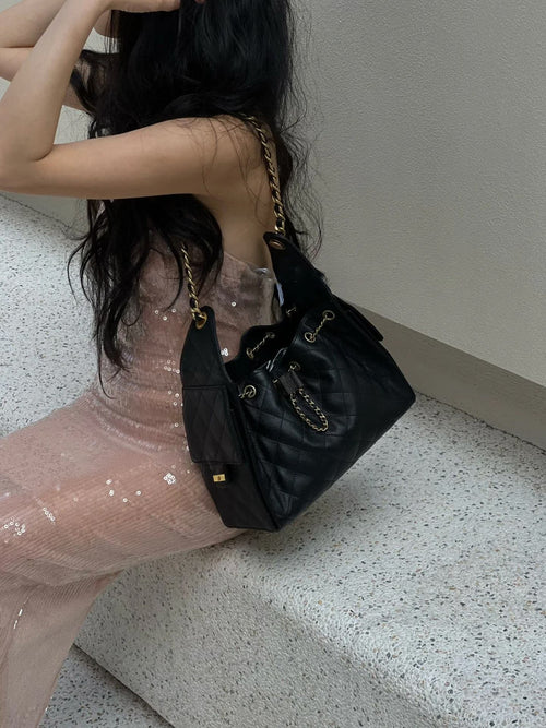 Black Quilted Drawstring Chain Hobo Handbag