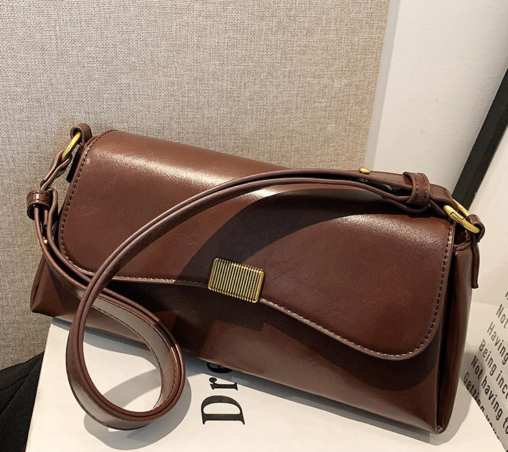 Chocolate Brown Striped Metal Lock Adjustable Strap Flap Crossbody Bag