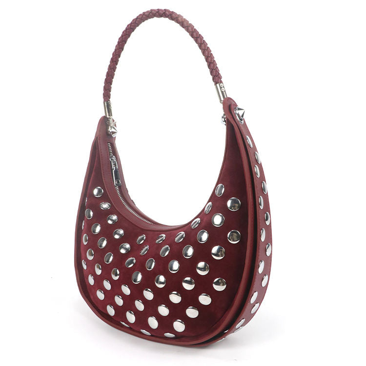 Wine Red Studded Dual-Strap Curved Crescent Shoulder Bag