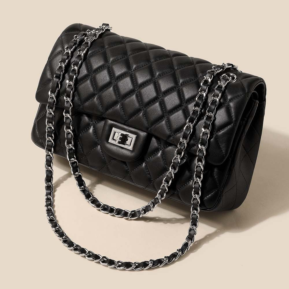 Black Diamond Quilted Dual-Wear Chain Flap Crossbody Shoulder Bag