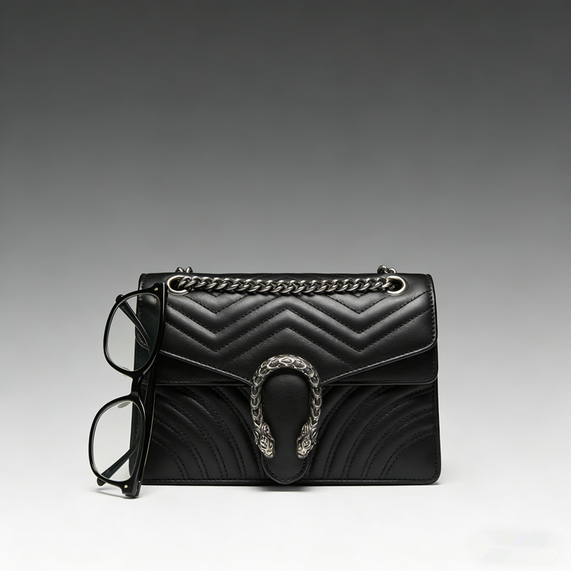 Two-Tone Chevron Quilted Animal Buckle Chain Flap Crossbody Bag