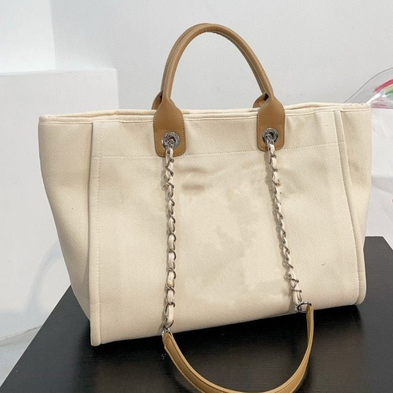 Three-Tone Chain Large Open Canvas Tote Bag