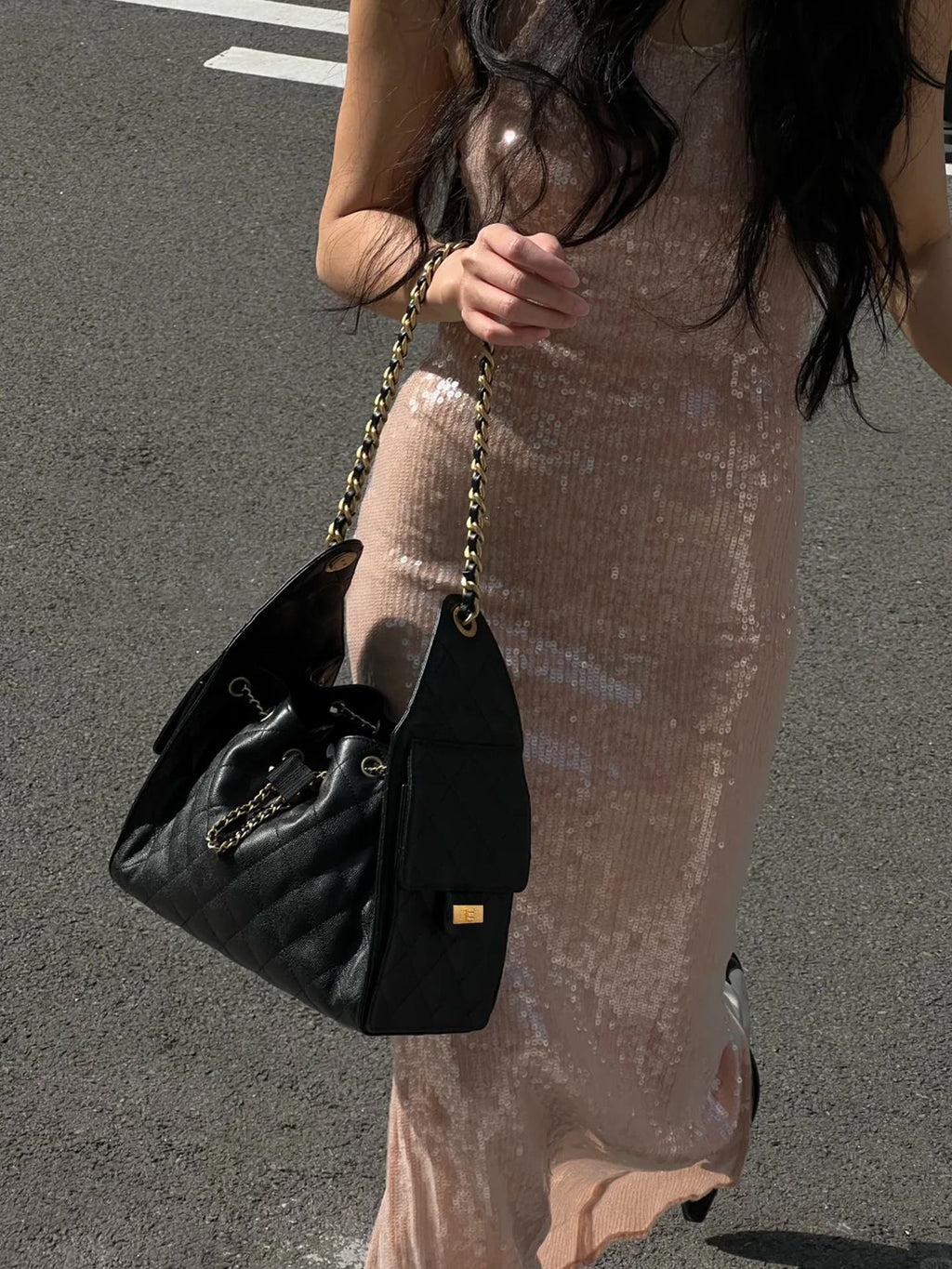 Black Quilted Drawstring Chain Hobo Handbag
