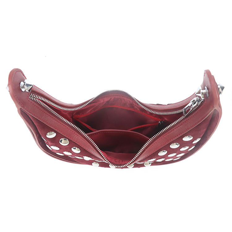 Wine Red Studded Dual-Strap Curved Crescent Shoulder Bag