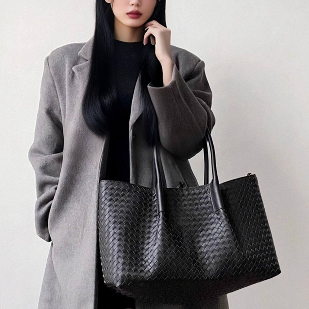 Black Woven Large Open Tote Shoulder Bag with Dual Carry Straps