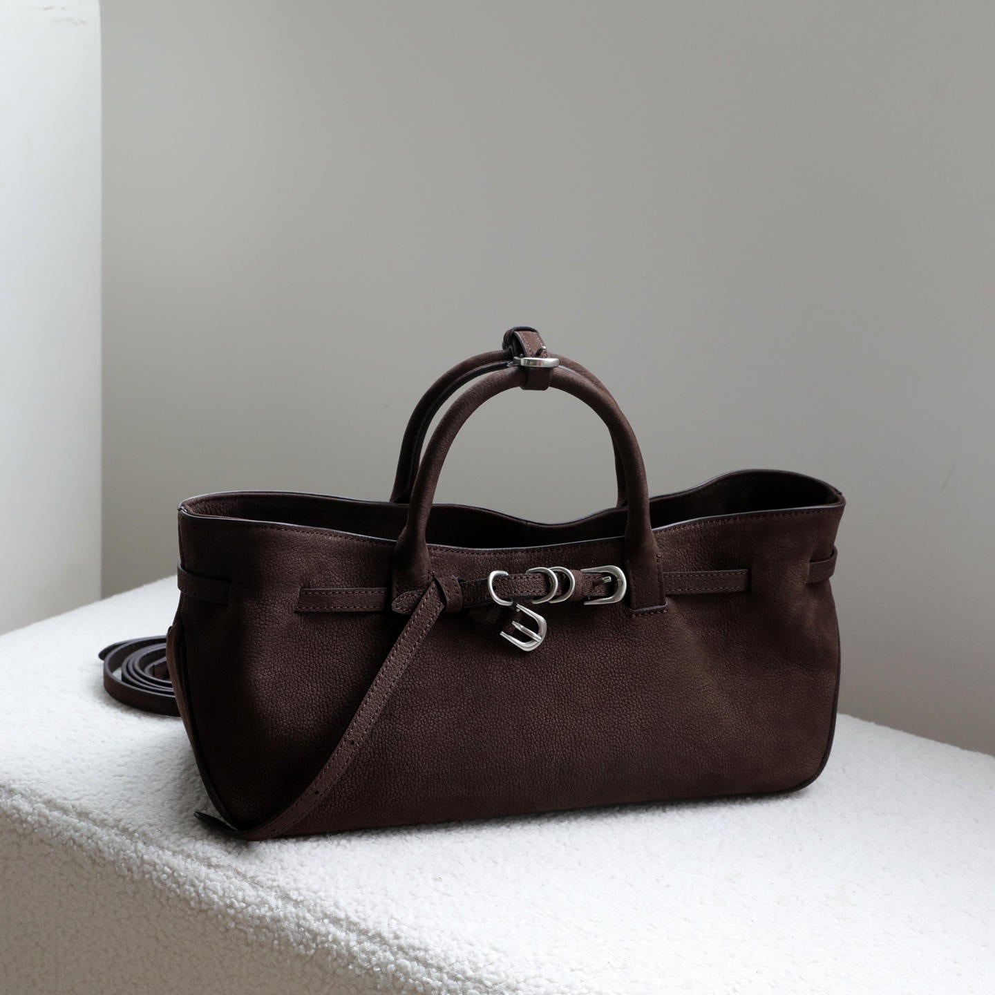 Matte Dark Buckle Strap Multi-Wear Open Tote Handbag