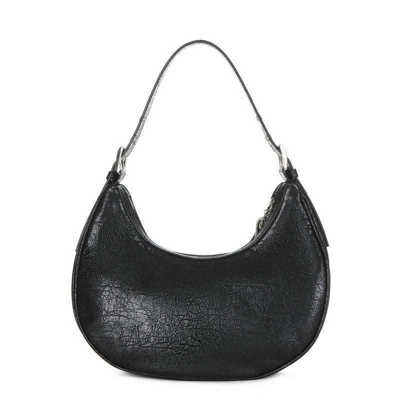 Black Wrinkled Multi-Pocket Adjustable Strap Crescent Shoulder Bag