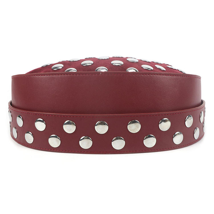 Wine Red Studded Dual-Strap Curved Crescent Shoulder Bag