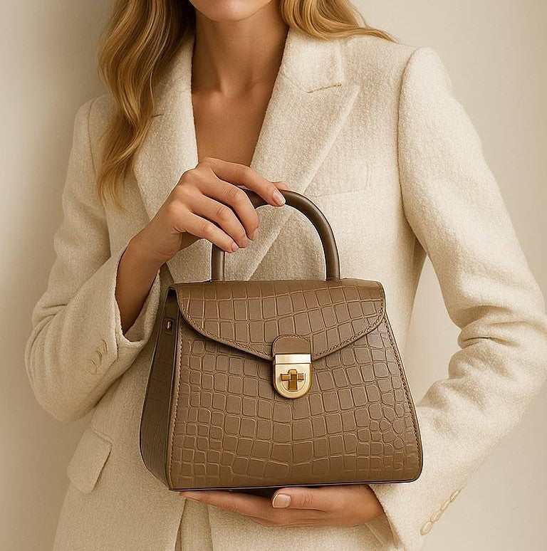 Earth Coffee Embossed Twist Lock Trapezoidal Handle Purse