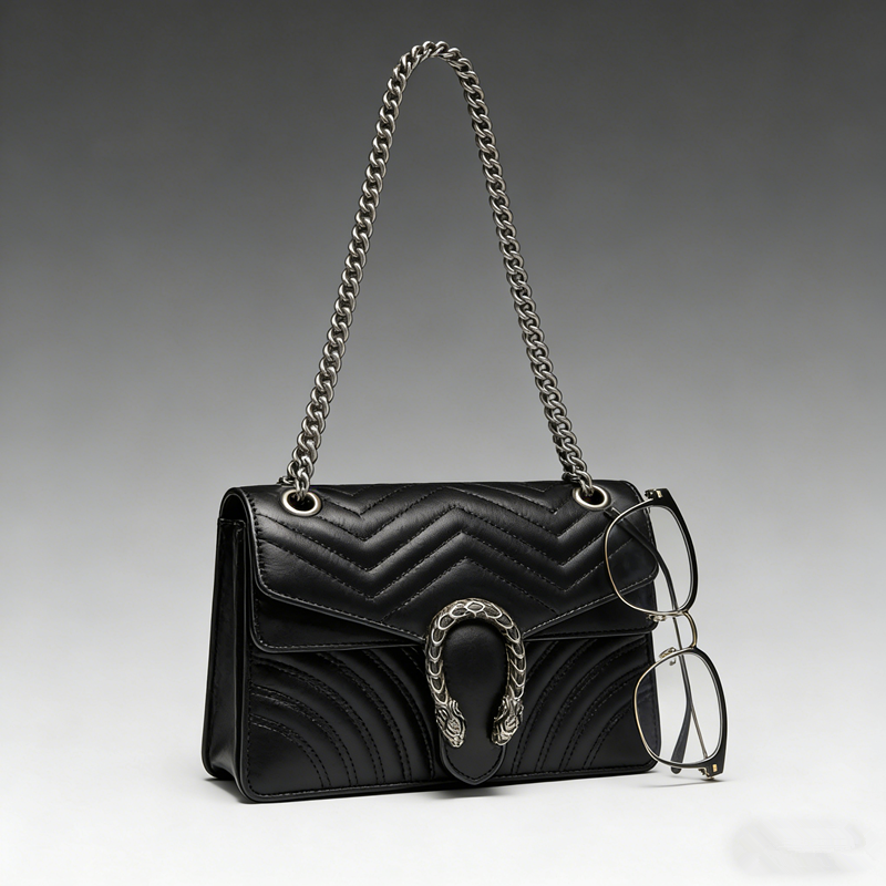 Two-Tone Chevron Quilted Animal Buckle Chain Flap Crossbody Bag