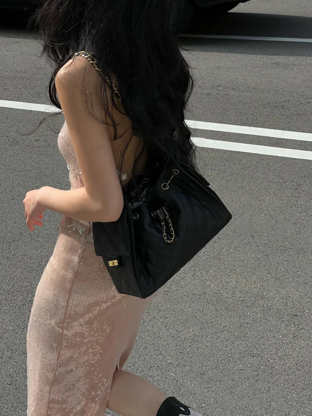 Black Quilted Drawstring Chain Hobo Handbag