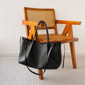 Black Woven Large Open Tote Shoulder Bag with Dual Carry Straps