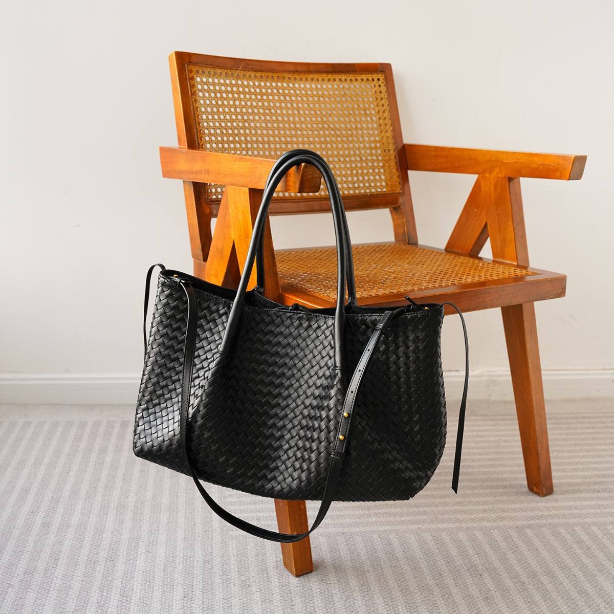Black Woven Large Open Tote Shoulder Bag with Dual Carry Straps