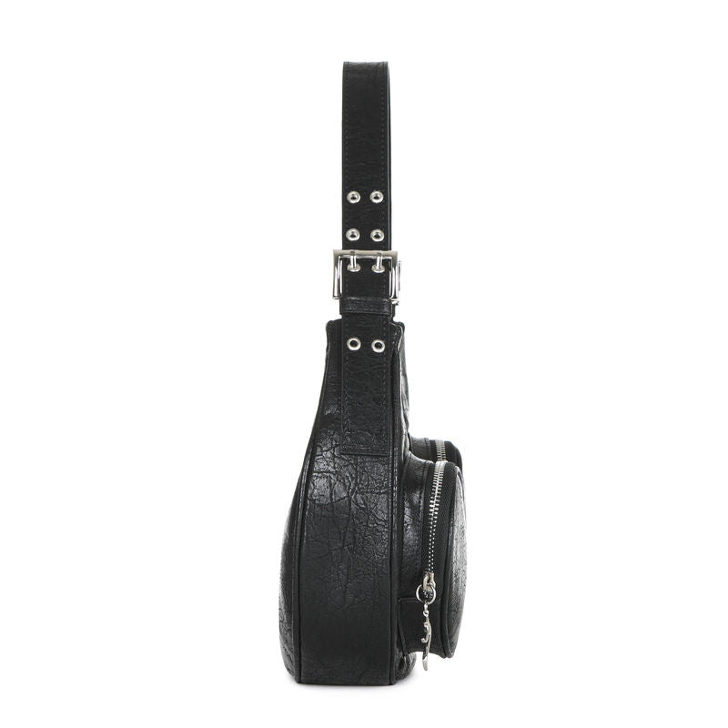 Black Wrinkled Multi-Pocket Adjustable Strap Crescent Shoulder Bag