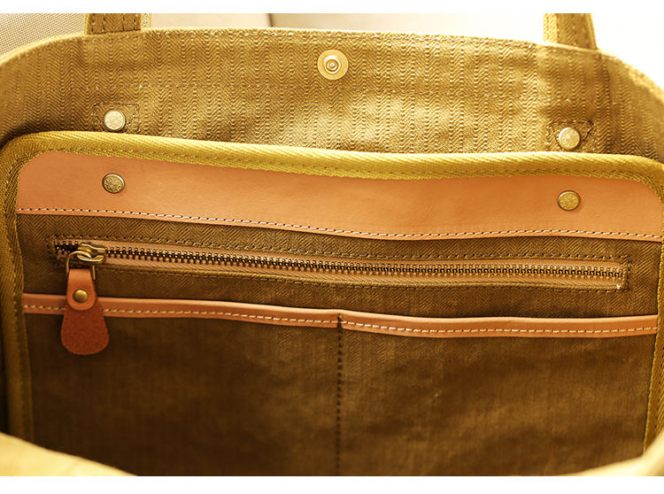 Two-Tone Rivet Multi-Pocket Large Open Canvas Tote Bag