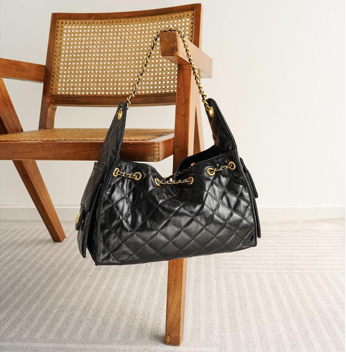 Black Quilted Drawstring Chain Hobo Handbag