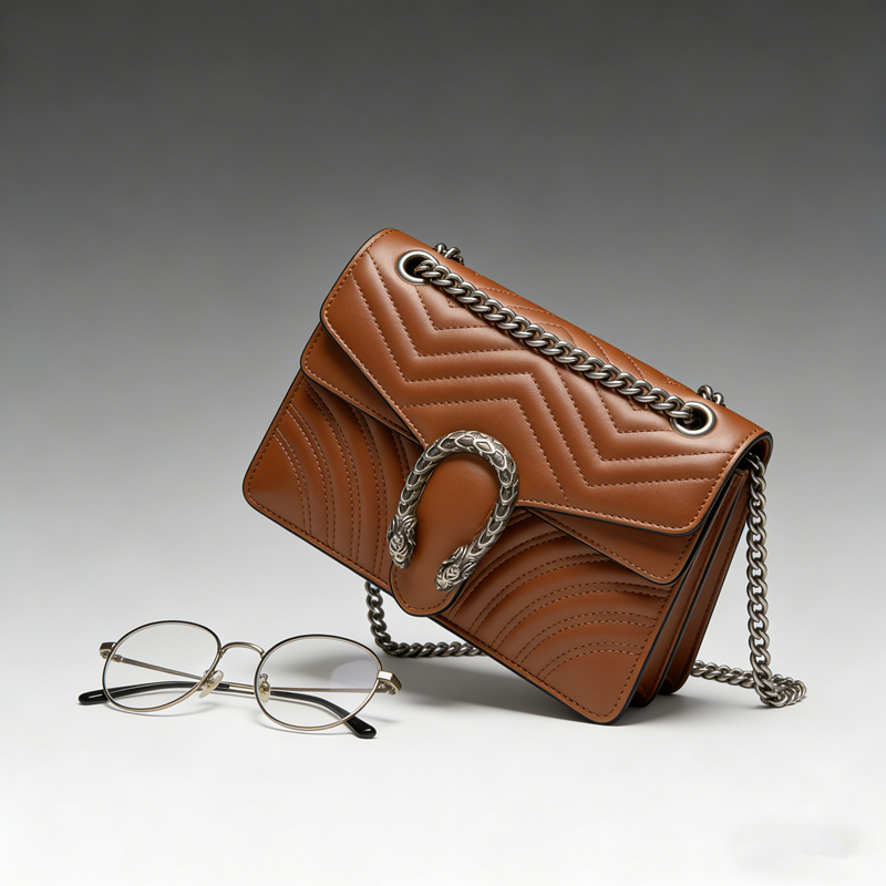 Two-Tone Chevron Quilted Animal Buckle Chain Flap Crossbody Bag