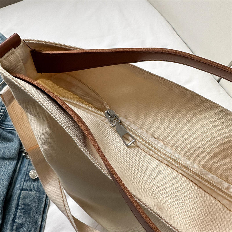 Brown Trim Multi-Wear Zipper Large Slouchy Canvas Hobo Bag