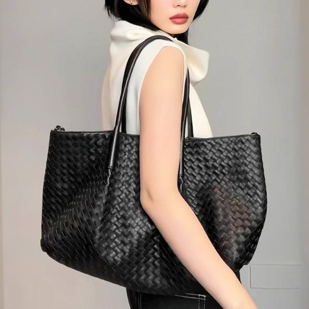 Black Woven Large Open Tote Shoulder Bag with Dual Carry Straps