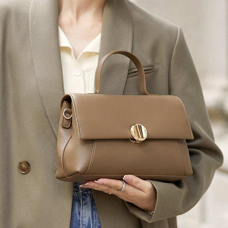 Earthy Neutral Dual-Style Plain Metal Lock Multi-Wear Crossbody Bag