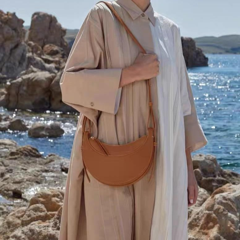Camel Minimal Adjustable Strap Plain Crescent Crossbody Bag