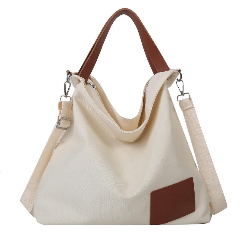 Brown Trim Multi-Wear Zipper Large Slouchy Canvas Hobo Bag