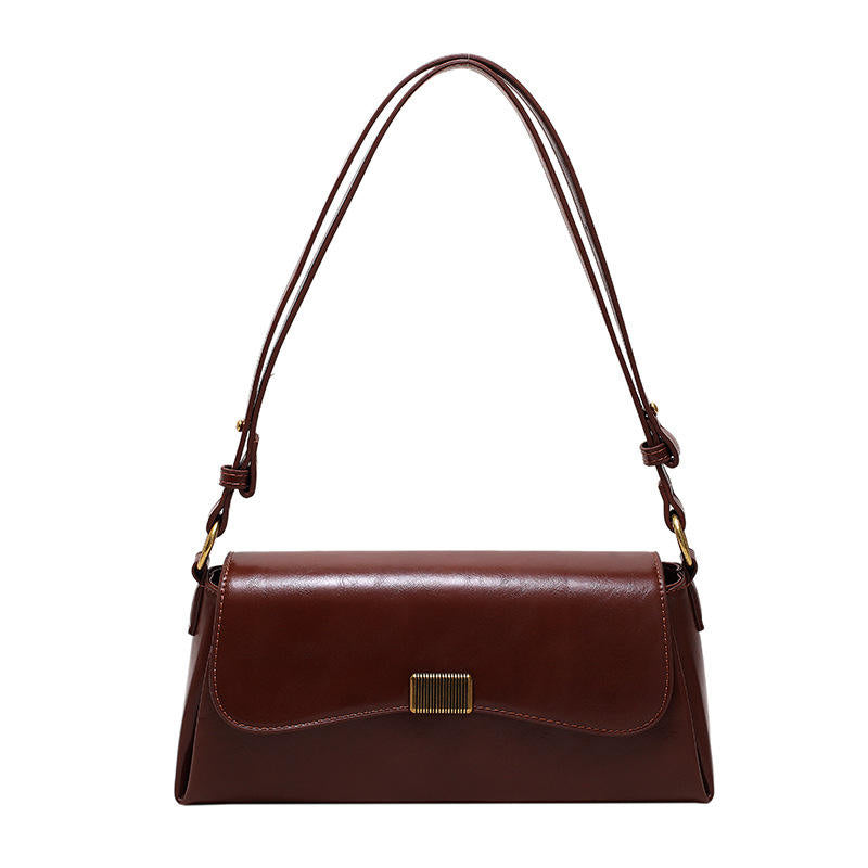Chocolate Brown Striped Metal Lock Adjustable Strap Flap Crossbody Bag