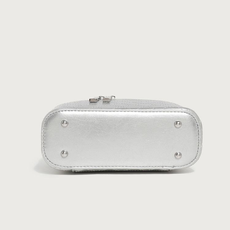Metallic Silver Quilted Chain Zipper Mini Box Crossbody Case