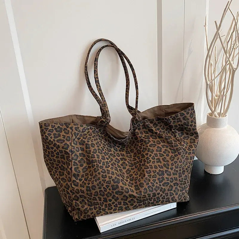 Vintage Leopard Print Oversized Soft Shoulder Canvas Tote Bag
