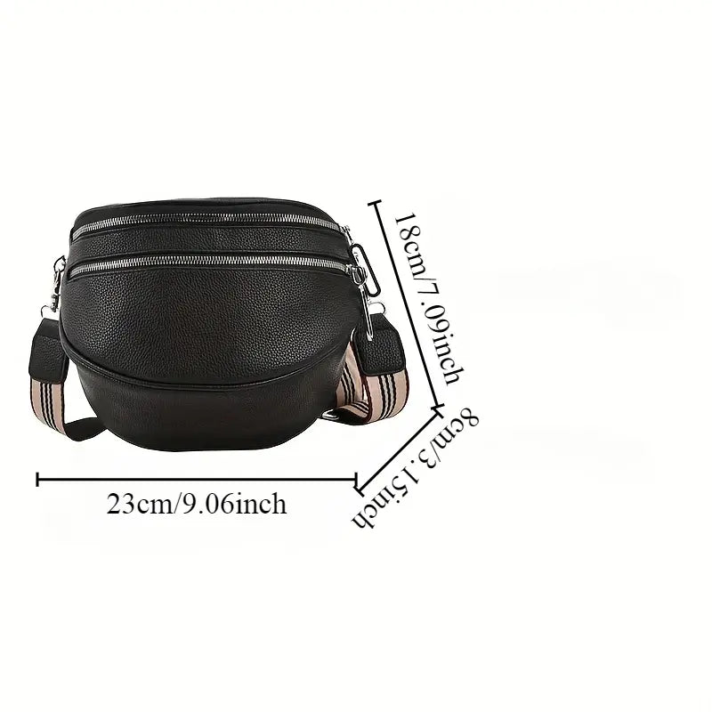 Black Grain Dual-Zip Striped Strap Semicircular Crossbody Waist Bag