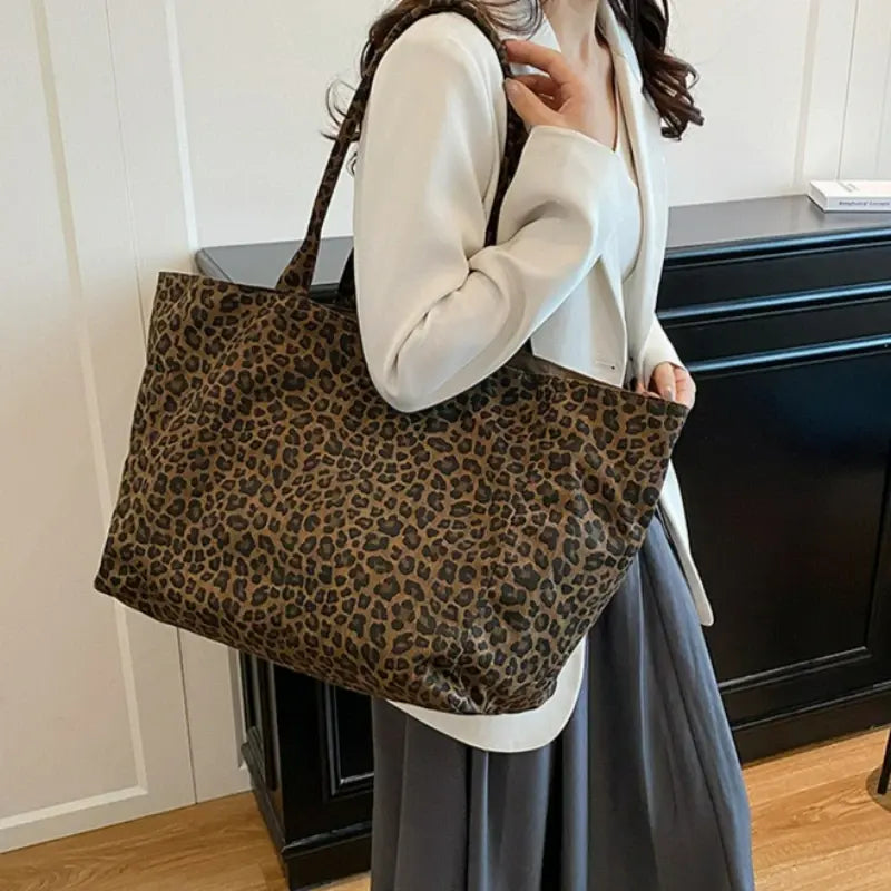 Vintage Leopard Print Oversized Soft Shoulder Canvas Tote Bag