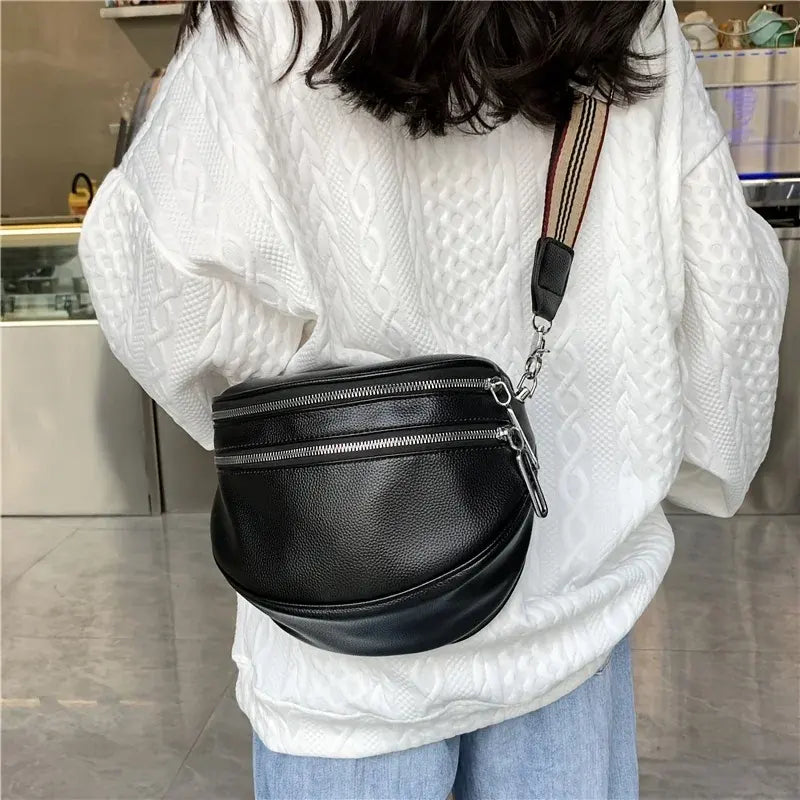 Black Grain Dual-Zip Striped Strap Semicircular Crossbody Waist Bag
