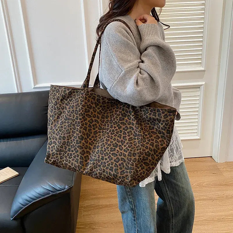 Vintage Leopard Print Oversized Soft Shoulder Canvas Tote Bag