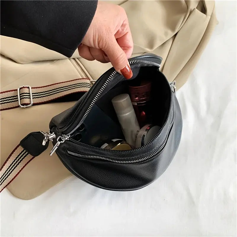 Black Grain Dual-Zip Striped Strap Semicircular Crossbody Waist Bag