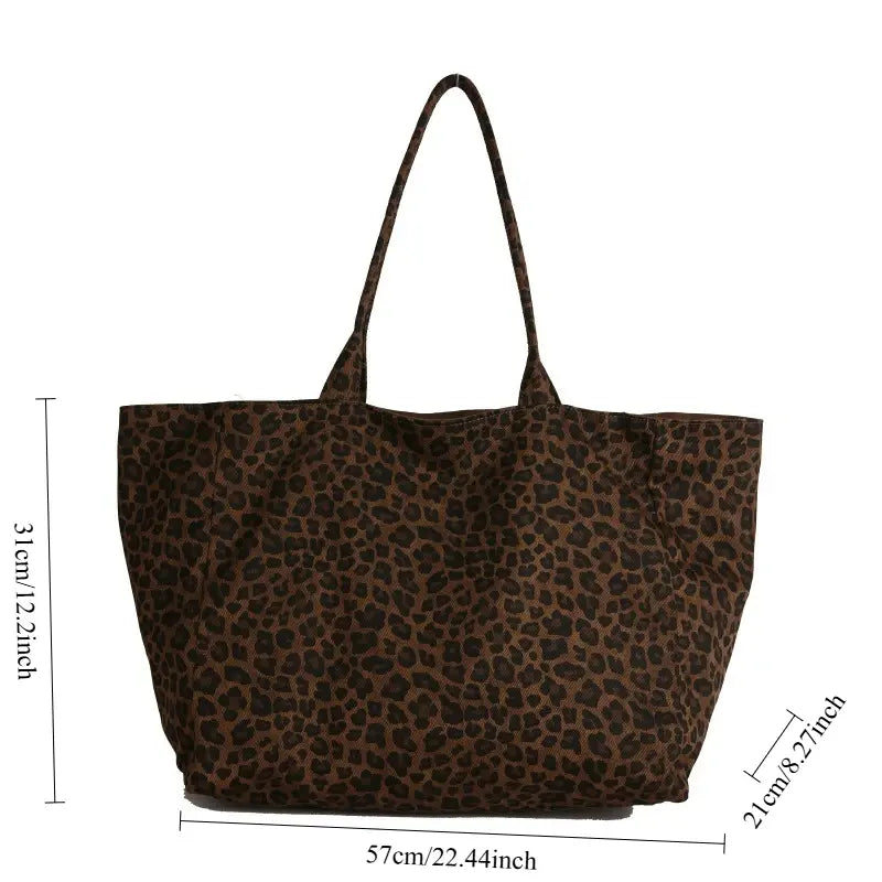 Vintage Leopard Print Oversized Soft Shoulder Canvas Tote Bag